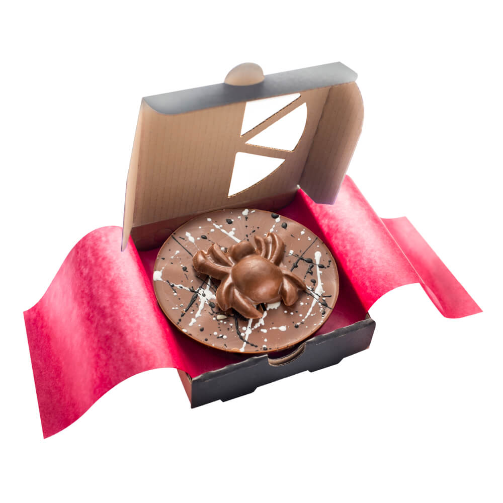 Halloween Mini Chocolate Pizza in Spider design, presented in a mini pizza box.